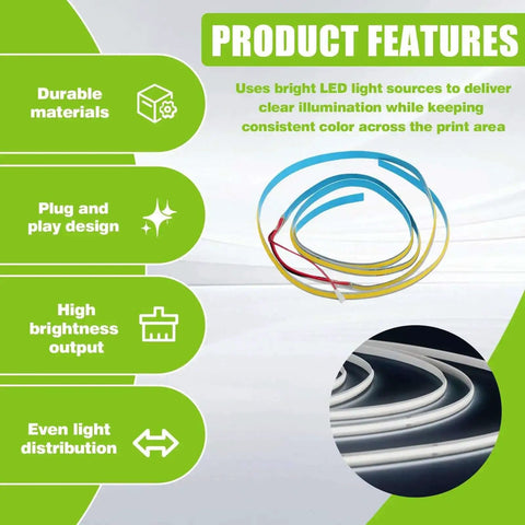 Product features of Two Pack LED Light Strip Kit For K2 Plus 3D Printer, showing durable materials and plug-and-play design.