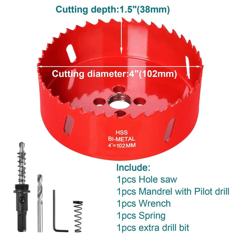4 Inch Hole Saw Kit For Wood Plastic Ceiling Drywall And Metal With HSS Bi Metal Cutter And Pilot Drill Bit Includes Arbor Replacement Bit And Hex Key For Fast Clean Holes And Long Lasting Durable Performance Perfect For Any Job Site