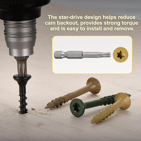 Tan Deck Screws 9x1.25 Inch 100 Pack For Decks Fences Frames Outdoor Furniture Pro Grade Carbon Steel Epoxy Coated With Torx T25 Bit Type 17 Point Heavy Duty Wood Screws For DIY Projects with star-drive design close-up