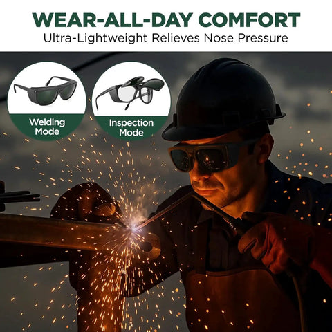 Person wearing Dual Lens Welding Safety Glasses With Clear And IR 8 Shade Antifog Adjustable during welding, sparks visible