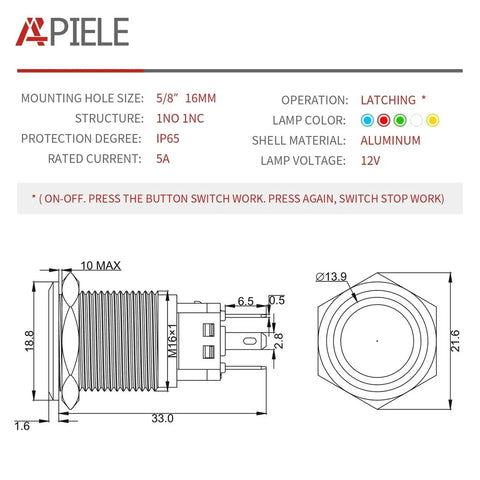 Diagram of 16mm Latching Push Button Switch 12V DC On Off Black Shell With Dope LED Angel Eye Head For 0.63 Inch Mount Hole.