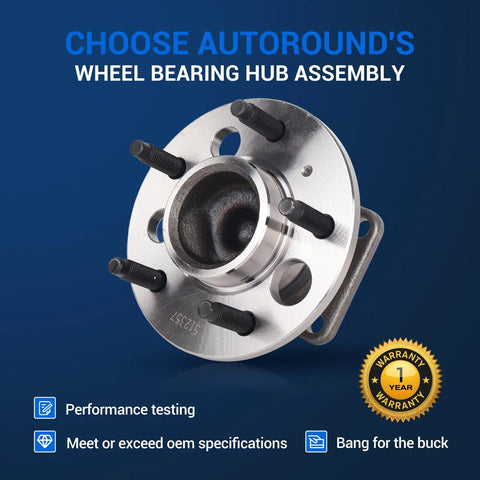 512357 Rear Wheel Hub Bearing Assembly Fits Chevy Impala Monte Carlo Venture Buick Regal LaCrosse Century Pontiac Grand Prix Oldsmobile Intrigue Saturn Relay With 5 Lug And ABS shown with flange and bolt details on blue background.