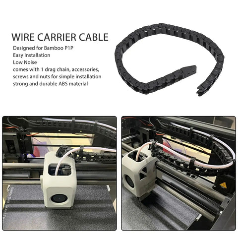 3D Printer Drag Chain 16.9 Inch Kit For Bamboo P1P, ABS cable carrier shown in printer with low noise operation and included hardware.