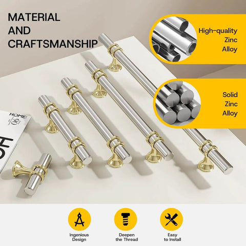 10 Pack Brushed Nickel And Gold Cabinet Pulls 3 Inch Hole Centers 76mm Zinc Alloy Kitchen Handles displayed on white surface