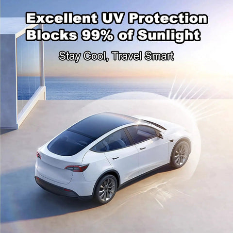 Tesla Model 3 Roof Sunshade Upgrade Full Coverage Sunroof Shade UV Protection installed on white Tesla with outdoor view