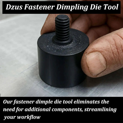 Close-up of beefy dimple die tool for Dzus fasteners, black oxide finish, in a hand, highlighting hex head bolt nut, metal fabrication use