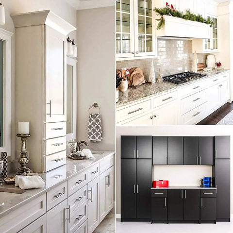 Kitchen cabinets with Brushed Satin Nickel Cabinet Hardware Set With 36 Handles 26 Pulls And 10 Knobs For Doors And Drawers Three And Three Quarter Inch Hole Center Stainless Steel Versatile Kitchen And Cabinet Upgrade.