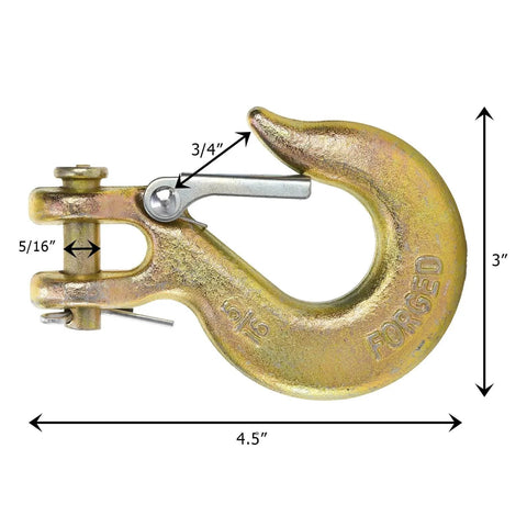 Five Sixteenth Inch Clevis Slip Hooks With Latch Six Pack Forged G70 Steel Heavy Duty Chain Grab Hooks For Truck And Trailer Winch Opening Three Quarter Inch With 14000 Pound Capacity Yellow Zinc Chromate Finish shown in side view