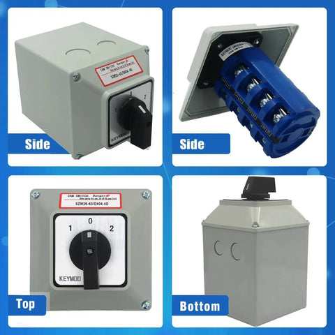 63A Rotary Changeover Switch With Exterior IP65 Enclosure, 4NO 4NC, showing different views of the switch and components