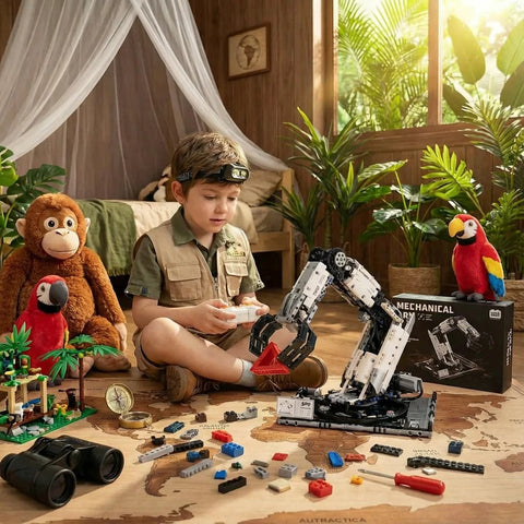 STEM Educational remote-control robotic arm kit with app control; child plays with 8-direction arm among bricks.