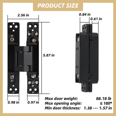 Hidden Door Hinge Set Two Pack 6 Inch Concealed Butt Hinges With 180 Degree Matte Black Swing And 3 Way Adjustable Zinc Alloy Construction For Heavy Duty Installations Tough As Nails Built To Last Riyhch, side and front view showing dimensions and specs