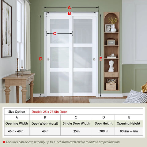 Preassembled 48 x 80 Inch White Frosted Glass Sliding Closet Door Set With 3 Lite Bypass Panels in hallway installation view.