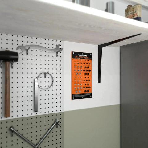 All Metal Wall Mount Nut And Bolt Thread Checker Gauge For Standard And Metric Sizes That Identifies Thread Types Quickly And Accurately For Easy Sizing A Durable And Reliable Tool For Home Shops Garages And Industrial Use Manram, mounted on wall with tools nearby
