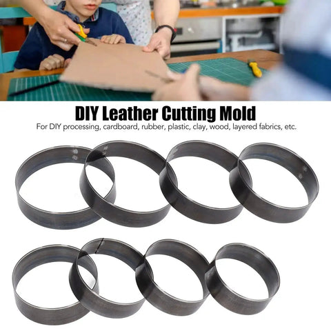 3 Inch Leather Punch Die Set 8 Pcs Round Shape Alloy Steel DIY Cutting Mold Kit on table for leather and fabric crafting