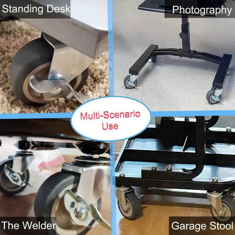BAISASY 3-inch caster wheels with brakes; set of 4, M8-1.25 threaded stems; collage of front, side, and close-up views.