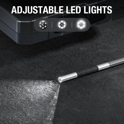 Close-up of adjustable LED lights on a Two Way Articulating Borescope With Light For Auto Maintenance And Diagnostics, illuminating a surface.