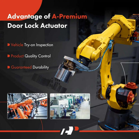 Industrial robot arm inspecting door lock actuator with focus on vehicle inspection, quality control, and durability advantages.