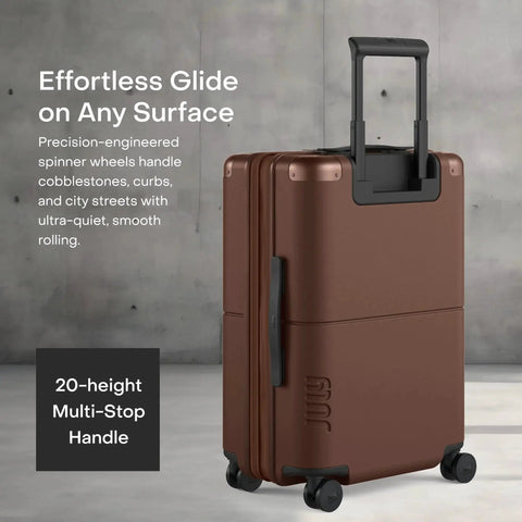 Expandable Carry On Max 21 Inch Airline Approved Rolling Luggage With Travel Tote For Men And Women Featuring Cobblestone Proof Silent 360 Degree Spinner Wheels TSA Lock Easy Expansion Zip And Durable Dark Brown Finish, side view with handle extended.
