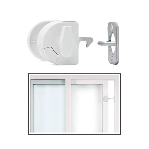 Two Way Sliding Door Safety Latch For Pool Safety Easy To Install Opens From Inside And Outside Childproof Lock Prevents Unwanted Outbound Door Access Pool Code Compliant In Many States Includes Disable Feature For Safe Nonuse shown from front and installed view on sliding door.