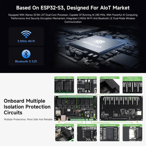 Industrial 8-Channel ESP32-S3 WiFi Relay Module With Onboard Plug-And-Play Isolated RS485 Interface shown with Xtensa LX7 processor.