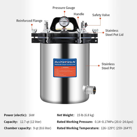 BAOSHISHAN 12L steam autoclave, stainless steel pot, 1kW, 110V for home use