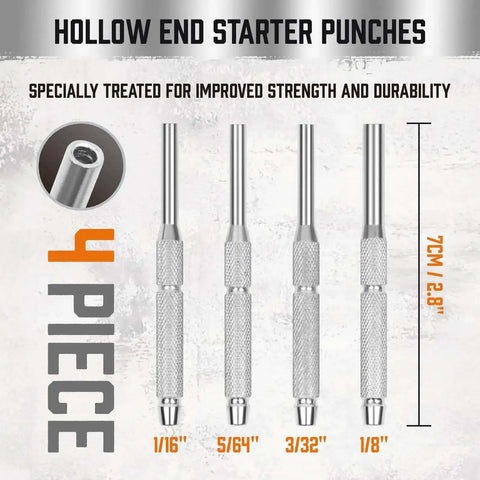 4-piece hollow end starter punches from 22-Piece Punch and Hammer Set With Interchangeable Hammer Heads, Steel Roll Pin Punch Set.