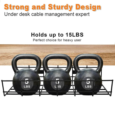 Under Desk Cable Management Tray 2 Pack Heavy Duty Metal Wire Cord Organizer holding 15 lb kettlebells under a desk.