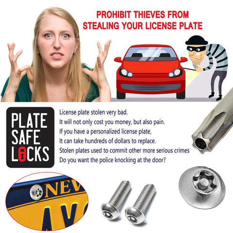 Stainless Steel License Plate Screws Kit For Car With Anti Theft Hardware M6 25mm 1 Quarter Inch Black Caps Bolts Nuts Fasteners Includes Anti Theft Screwdrivers Rust Proof image shows various components.