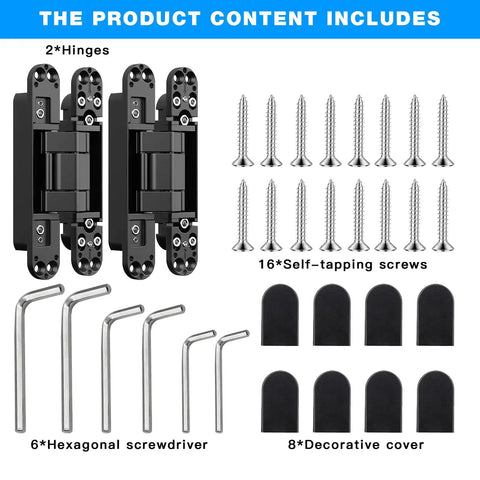 Set includes 2 hidden door hinges, screws, hexagonal screwdrivers, and decorative covers for concealed installation.