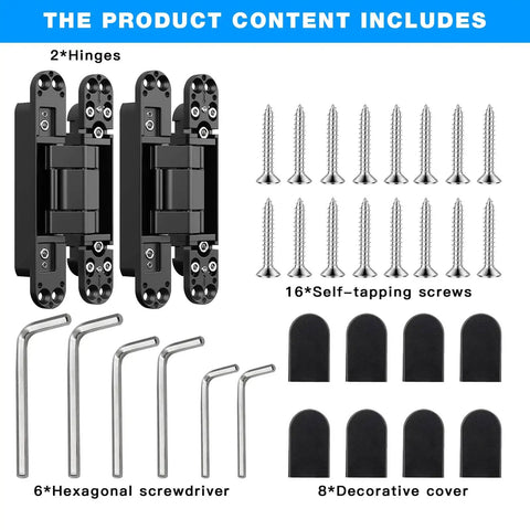 Product components for Hidden Door Hinges 6 Inch Heavy Duty 2 Pack Concealed 3D Adjustable Butt Hinges With 180 Degree Swing And 88 LB Capacity