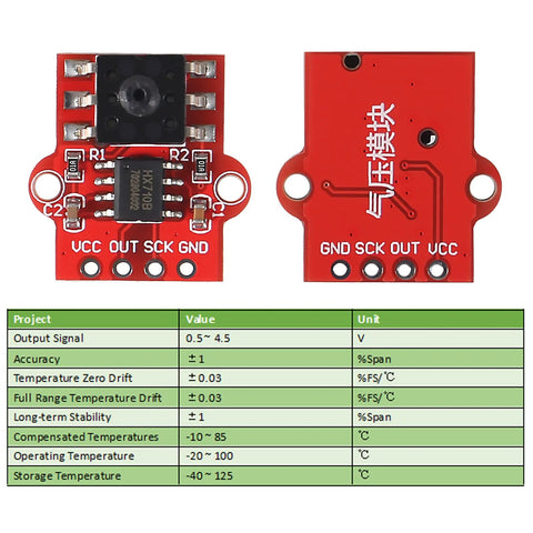 AEDIKO 4pc air pressure sensor module red PCB with VCC OUT SCK GND pins, 3.3–5V output, 0–40kPa, 2.5mm tube port

AEDIKO 4pc air pressure sensor module back view, red PCB with logo and six bottom pads