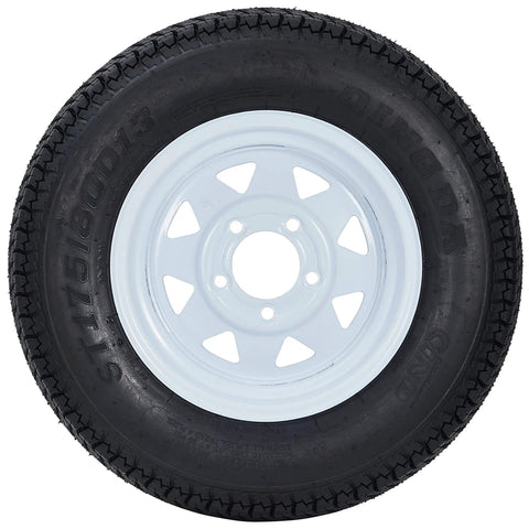 Front view of Trailer Tire And Wheel Set With ST175/80D13 Tire On 13 Inch Rims, 5 Lug On 4.5 Inch Bolt Pattern, Load Range C, 6PR, 50 Psi Max, White 13x5 Wheels, Set Of 2
