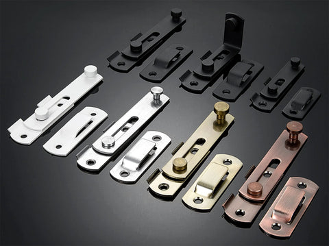 Matte Black 90 Degree Flip Barn Door Lock Latches, Stainless Steel Gate Latch Security Door Latch for Barn Doors, Sliding Doors, Wine Cabinets, 4 Pack in various finishes displayed on black surface