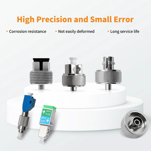 Fiber optic connector adapters set with six interchangeable styles, knurled silver metal bodies and a blue plug.