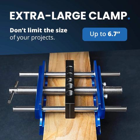 Top view of Self Centering Dowel Jig With Elongated Jaws And Extra Wide Clamp For Fast Accurate Woodworking The Setup Is A Breeze With This Durable Aluminum Alloy Drill Guide In A Bold Blue Finish Built For Lasting Craftsmanship And Easy DIY Projects clamping a wooden board up to 6.7 inches.