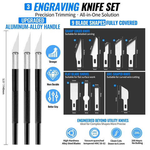 Engraving knife set with aluminum-alloy handles and nine blade shapes for precision trimming, shown with feature icons.