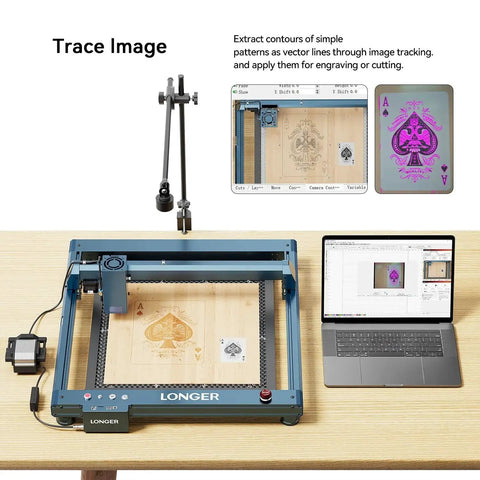 Advanced Wide Angle LightBurn Camera Kit for laser engravers with 5MP HD auto positioning viewed next to a computer setup.