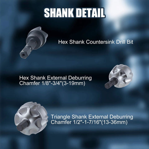 Boss Grade Tungsten Carbide Chamfer Tool Set With Deburring Bits and Countersink Drill Bit showing hex and triangle shank details.