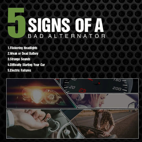 5 signs of a bad alternator including flickering headlights, weak battery, strange sounds, starting issues, and electric failures