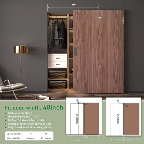 Concealed Barn Door Hardware Kit With Soft Close, Invisible Wall Mount Aluminum Track For Smooth Hidden Sliding, Fits Door Openings 40 To 44 Inches, Door Not Included, No Fuss Easy Install And Durable Aluminum System. Image showing wooden sliding door in modern living space.