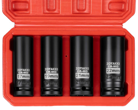 1/2 Inch Drive Impact Socket Set 4 Piece CR-MO Steel 6-Point Deep Sockets Metric 17mm 19mm 21mm 22mm With Durable Storage Case