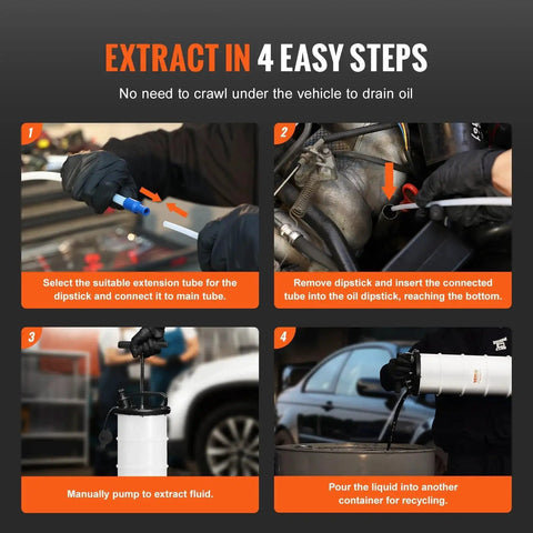 Instructions for using 6.5L Manual Oil Change Fluid Extractor Pump With Dipstick And Suction Hose in four steps.