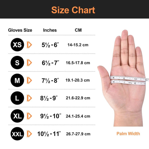 Size chart for Heavy Duty Orange Nitrile Gloves 8 Mil Diamond Texture Grip XL 100 Count, shows glove sizes XS to XXL.