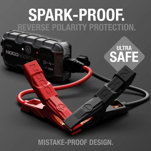 Close-up of NOCO Boost GB40 1000 Amp UltraSafe Jump Starter Lifesaver with spark-proof cables showing reverse polarity protection.