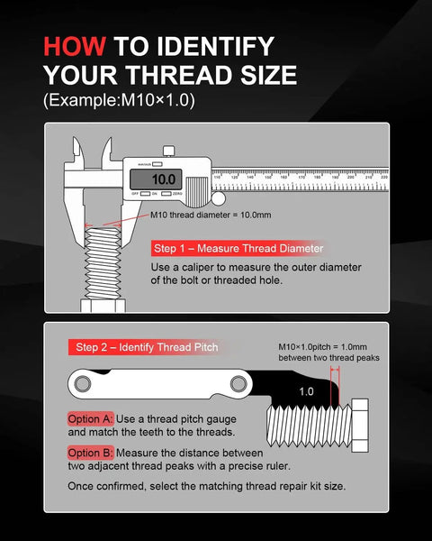 Graphic showing how to identify thread size using caliper for M10x1.0 Helicoil Thread Repair Kit With 10 Inserts, HSS Drill Bits, Taps, Hex Wrench And Break Off Tools For Auto Engines, Spark Plugs And Industrial Machinery Rethreading, All In One Repair Solution That Quickly Restores Threads Like New Kolvoii Pro.