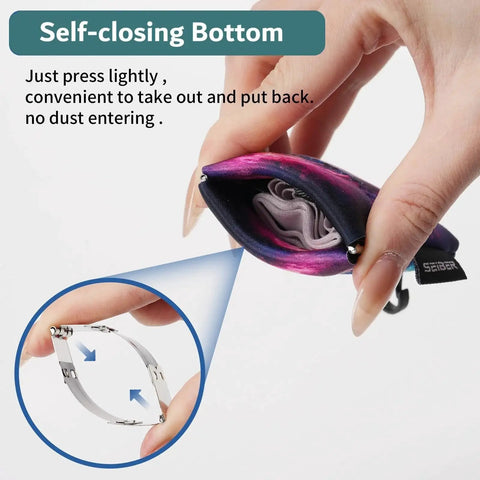 Person holding 7x7 Inch Microfiber Glasses Cleaning Cloth With Neoprene Pouch, 3 Pack, highlighting self-closing bottom design.