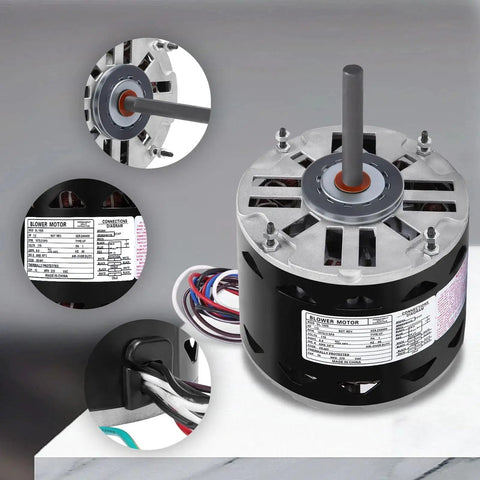 Direct Drive Blower Motor With Sleeve Bearing 0.5 HP, 1075 RPM, 115 Volt, 8 Amps, 48 Frame, 3 Speed, label and connectors shown