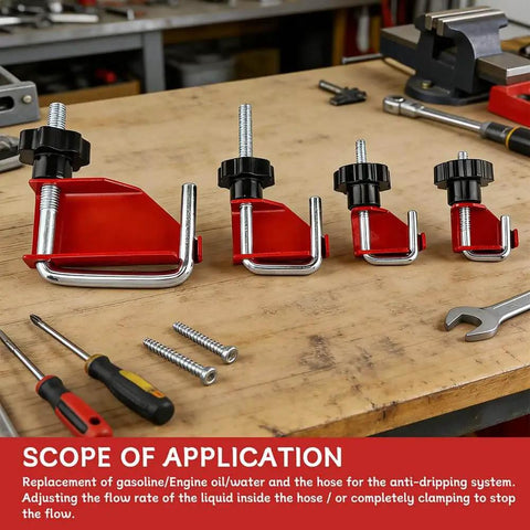 Pro Grade Hose Pinch Off Pliers For Flexible Fuel Line And Brake Line And Coolant Radiator Hoses With Smooth Clamp Action No Damaging The Line And Adjustable Button Multi Size Tips Three Eighths Inch One Half Inch One Inch And One And Three Quarters Inch displayed on a workbench with tools