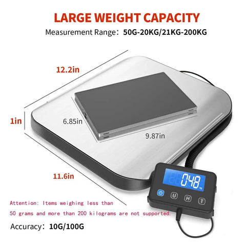 Heavy Duty 440Lb Shipping Scale For Packages And Postage, Large Postal Scale With Stainless Steel Surface, 4 Load Cells, Accurate Digital Shipping Scale For Small Biz, Laundry, Warehouse, And Mailing, showing dimensions and digital display