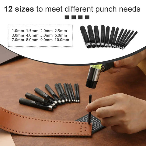 Person using Heavy Duty Leather Hole Punch Set 1.0 To 10mm Hollow Punches With Non Slip Knurled Steel Build on leather strip